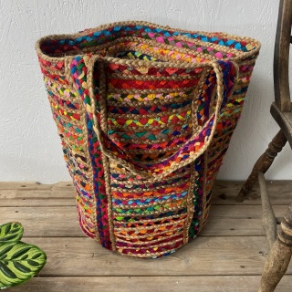 Multi-Coloured Jute and Cotton Fair Trade Large Storage Bag. GoodWeave Label